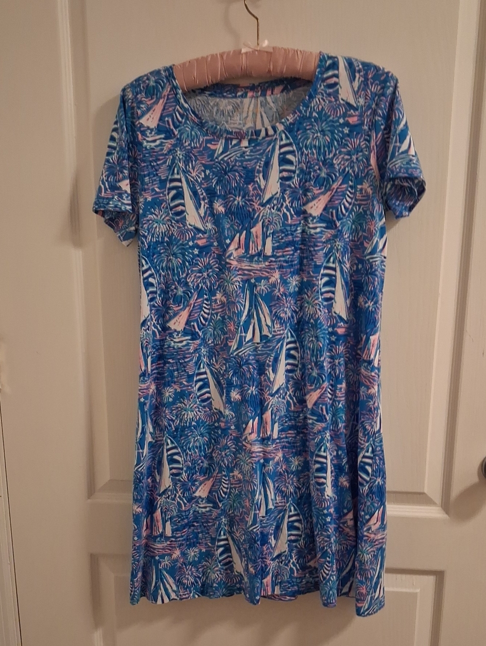 Lilly Pulitzer Blue Pink Tropical Sailboat Short Sleeve Dress